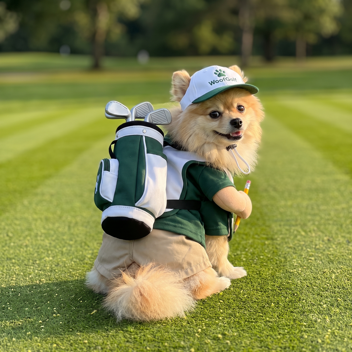 Back view of the WoofGolf costume with mini golf bag and clubs