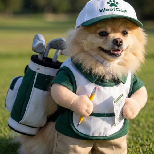 WoofGolf caddie costume on a Pomeranian, plush arms holding pencil and scorecard
