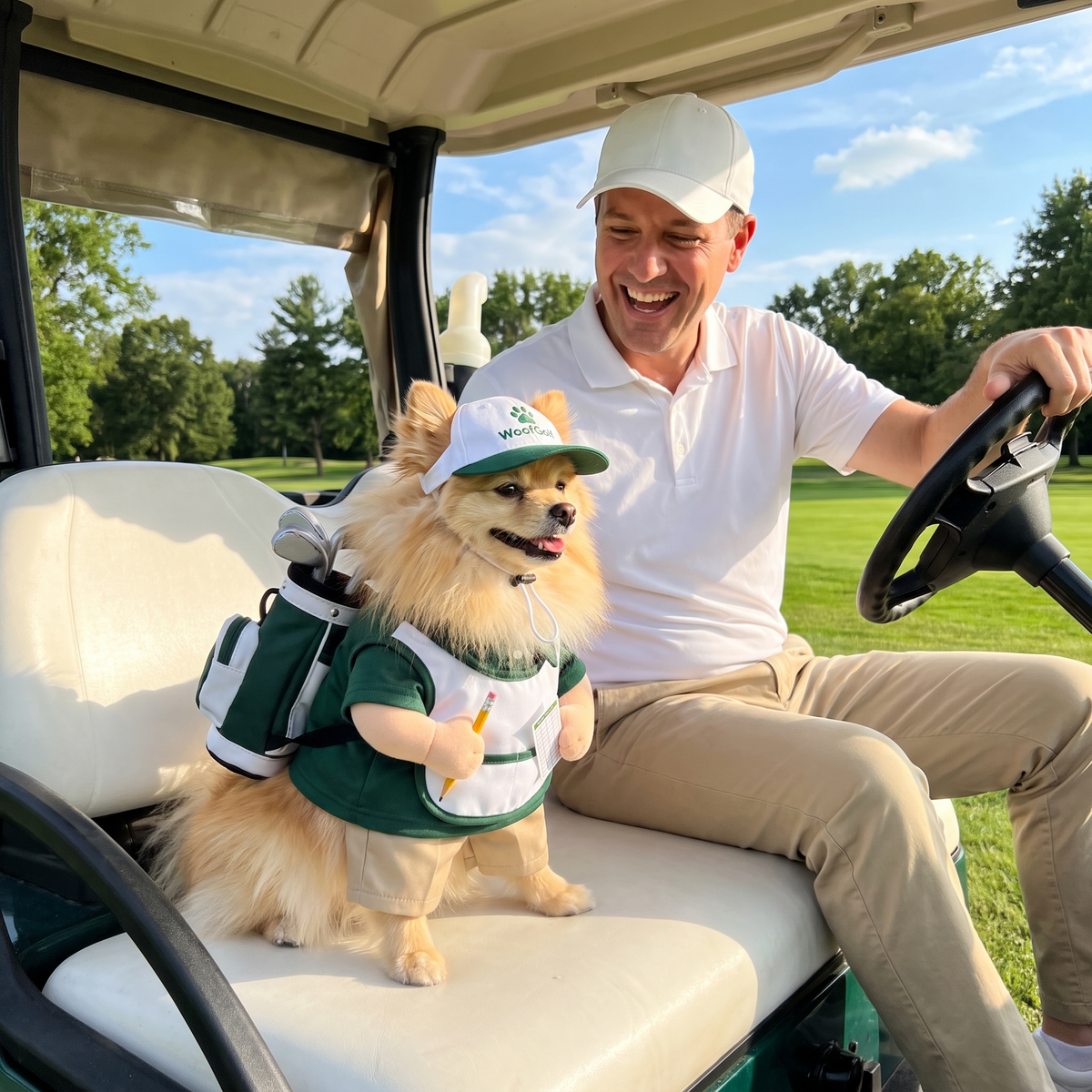 Dog in the WoofGolf caddie costume riding a golf cart with its owner