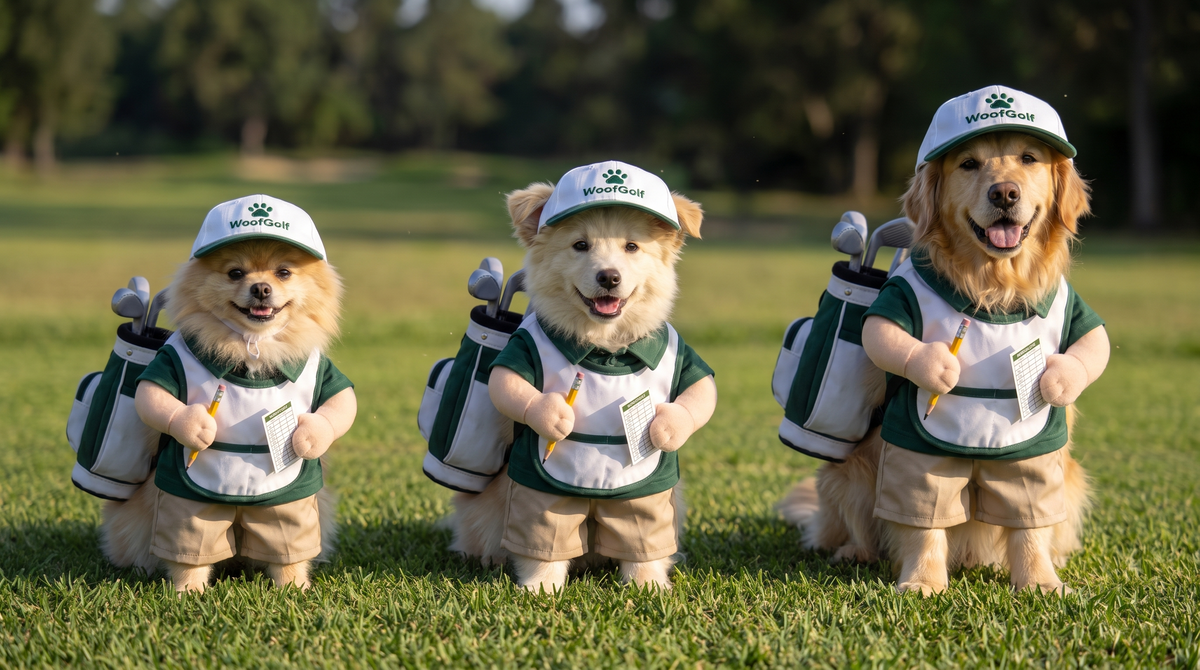 WoofGolf caddie costume on three dogs: small, medium and large